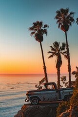 Vintage pickup truck parked on a sea cliff at sunset, surrounded by swaying palm trees, evoking