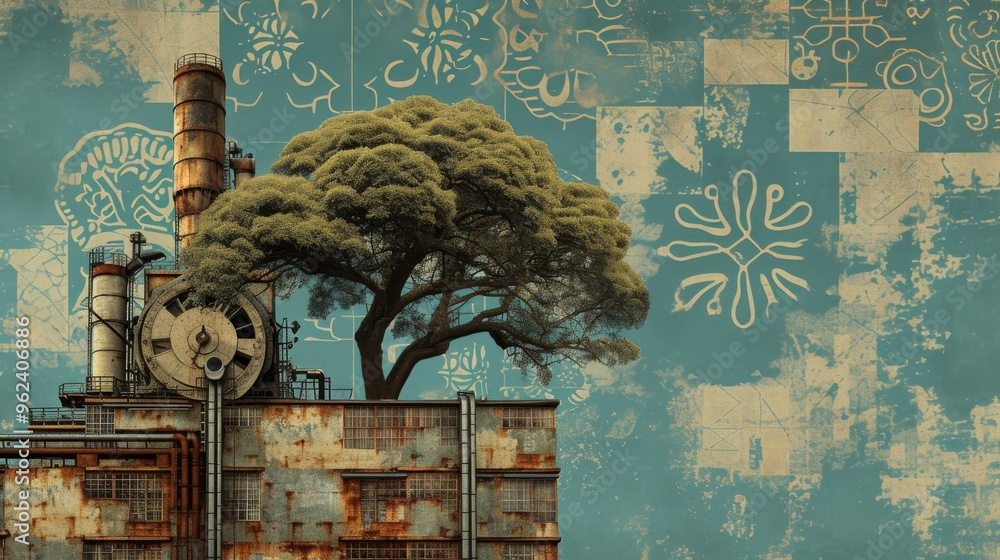 Poster A unique blend of an industrial building and a flourishing tree, surrounded by vintage patterns. The rusted architecture contrasts beautifully with the lush foliage, creating a harmonious balance