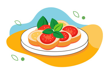 Delicious Italian Bruschetta Platter Vector Design- Fresh Tomatoes, Basil, and Olive Oil