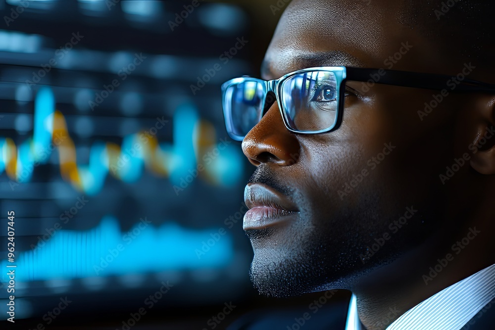 Aufkleber professional man analyzing data trends on a computer screen in a dimly lit office at night. generati