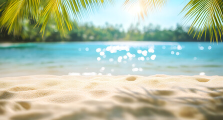 Naklejka premium The beach is sunny with clear water, golden sand, and palm leaves, creating a tropical environment