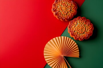 Mooncake on red and green background with fan. Mid-autumn festival. Traditional festive Chinese food. Sweet dessert for asian holiday. Recipe or menu. Flat lay, top view with copy space
