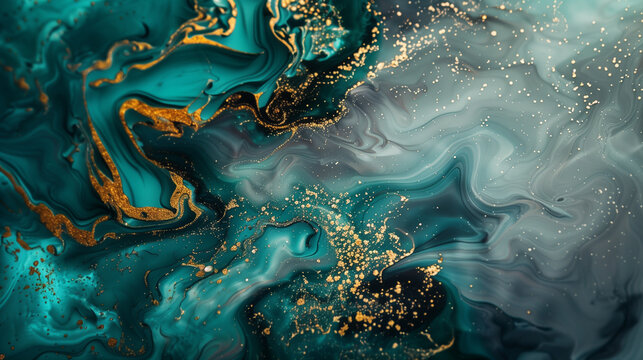 An abstract acrylic fluid texture with golden hightlight and dark hues creating dreamy liquid effect