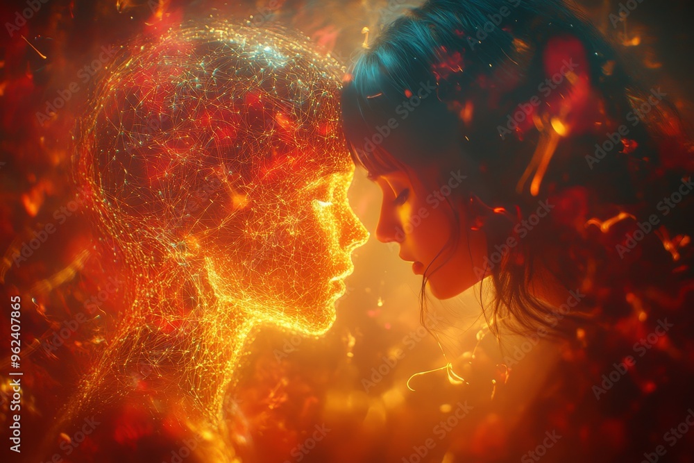 Poster neural processors cerebral function dramatic portrait of a couple with fiery brain elements symboliz