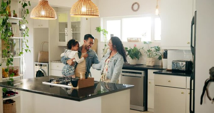 Fun, happy family and parents dance with girl in kitchen together and excited for music. Child, mother and father with energy bonding with kid, love and care for weekend break in home or house