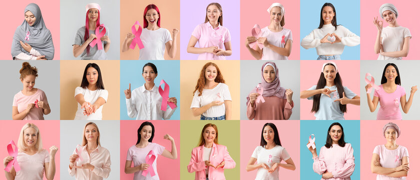 Set of women with pink ribbons on color background. Breast cancer awareness concept