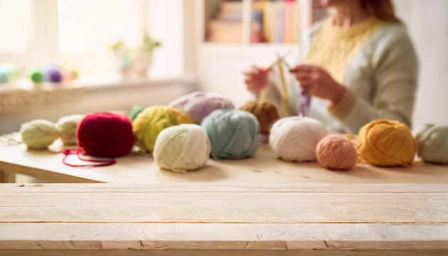 Mesa vac&iacute;a con agujas de tejer. Tejido a partir de un su&eacute;ter de hilo e hilo para tejer en primer plano. Tejer como hobby. Accesorios para tejer.
. Copiar, espacio vac&iacute;o para texto.