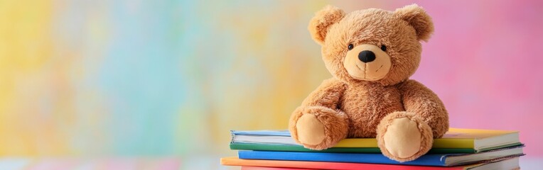 Obraz premium Soft Teddy Bear on Colorful Children's Books for Cozy Reading Time