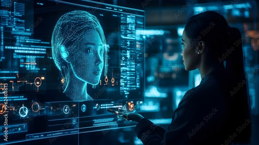 Poster holographic virtual assistant demonstrating the advanced capabilities of ai powered technology