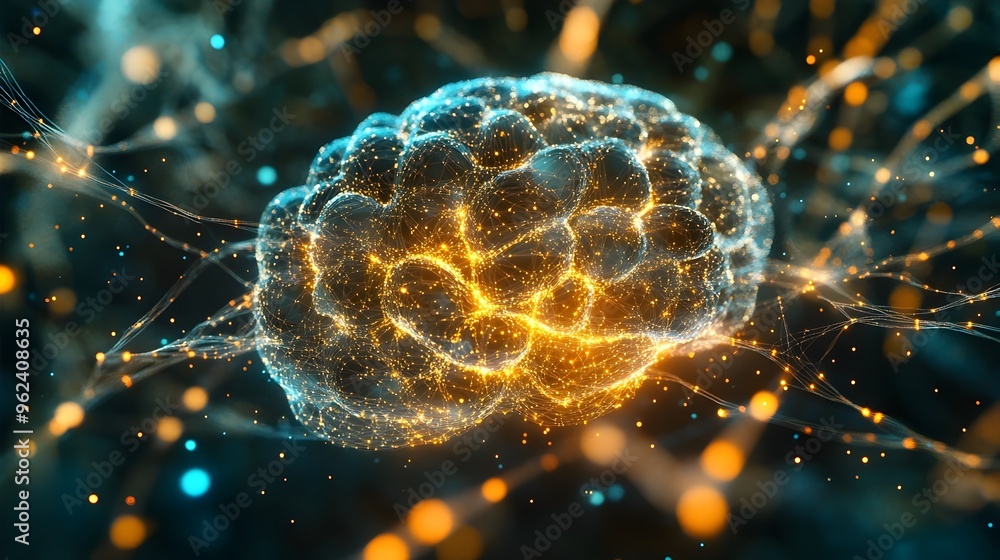 Poster Holographic showcasing the intricate structure and components of a neural network model representing the advanced technology of intelligence and data visualization