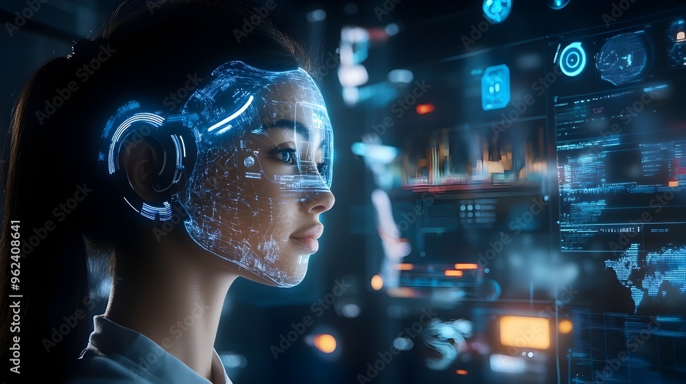 Poster holographic virtual assistant showcasing futuristic ai powered digital interaction and intelligent i