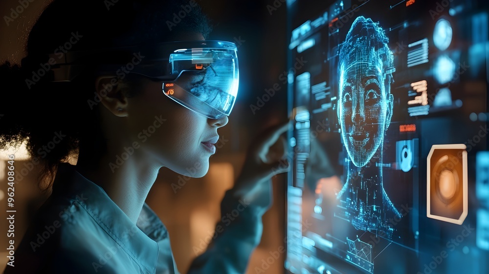 Poster futuristic holographic display showcasing an advanced ai powered virtual assistant interacting with 