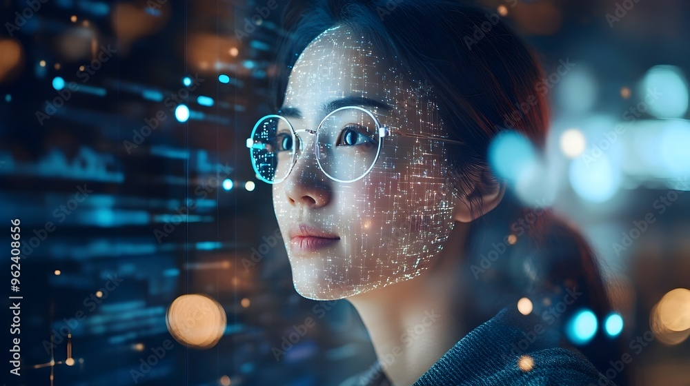 Poster futuristic holographic display showcasing an ai powered virtual assistant interacting with users in 