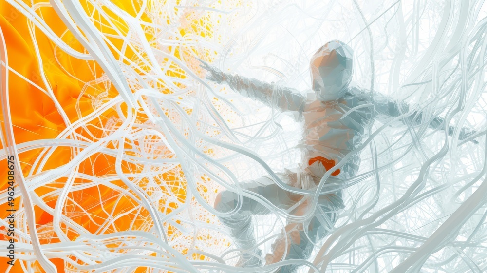 Poster a digital artwork featuring an abstract figure entangled in white strands against a vibrant orange b