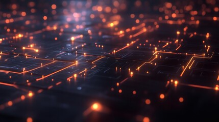 Fototapeta premium Abstract dark background with orange glowing lines and lights.