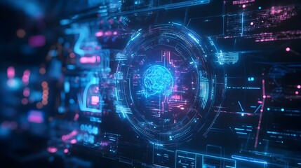 A stunning futuristic hologram depicting an advanced AI powered interface showcasing real time data analysis and visualization for a conceptual innovative and intelligent technological system