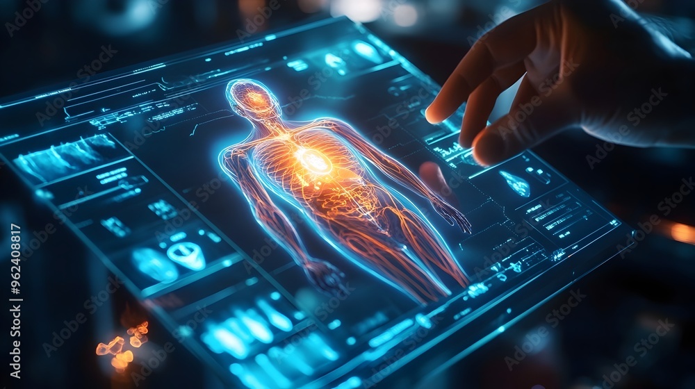 Poster holographic display showcasing an ai driven diagnostic tool for healthcare applications featuring ad