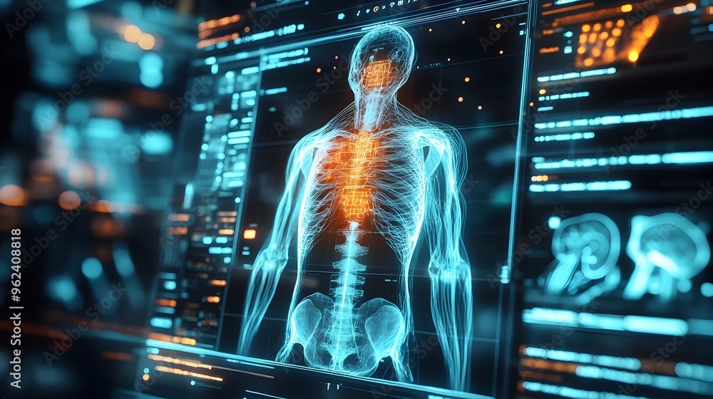 Poster holographic display showcasing an advanced ai powered diagnostic tool designed for cutting edge heal