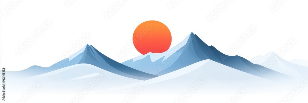Poster Stylized depiction of snow-covered mountains illuminated by a bright sun rising, creating a serene and peaceful atmosphere at dawn. Generative AI
