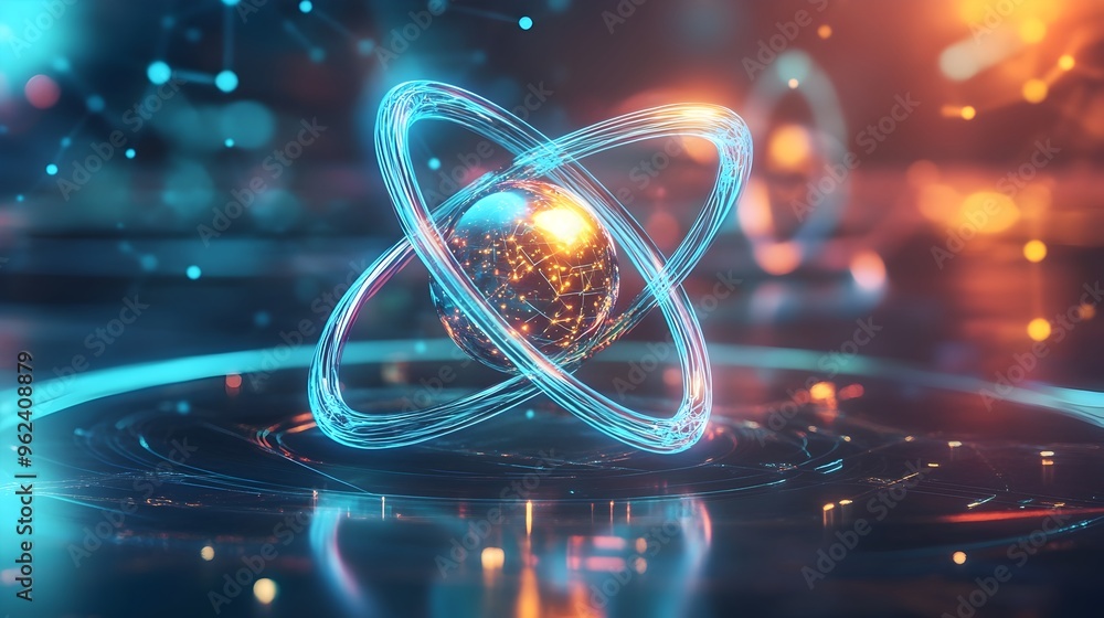 Poster detailed holographic display of an atomic structure showcasing the intricate arrangement of orbitals