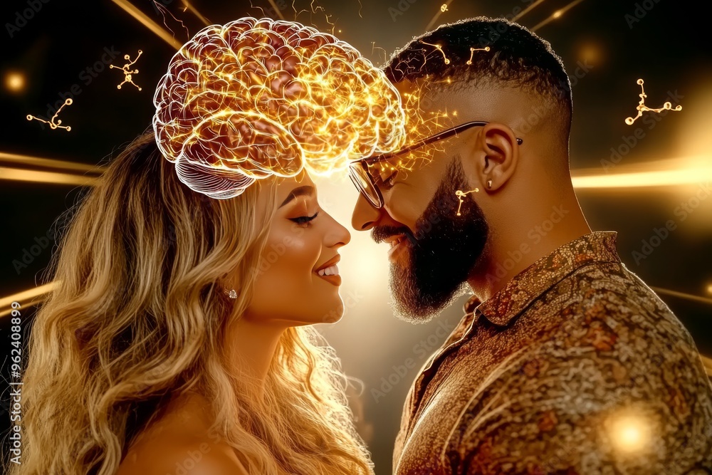 Poster neurocells neural mind conceptual image of a couple with illuminated brains connects love intellect 