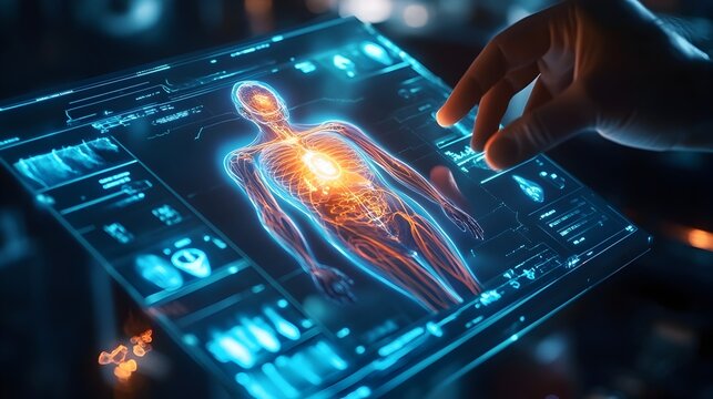Holographic display showcasing an AI driven diagnostic tool for healthcare applications featuring advanced data visualization and analysis capabilities for modern medical practices