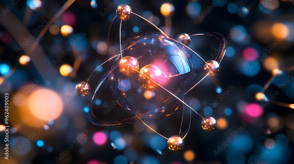 Poster holographic visualization showcasing the intricate interactions between the fundamental subatomic pa