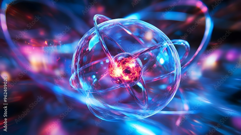 Poster holographic projection displaying a detailed cross sectional view of an atom s nucleus and electron 