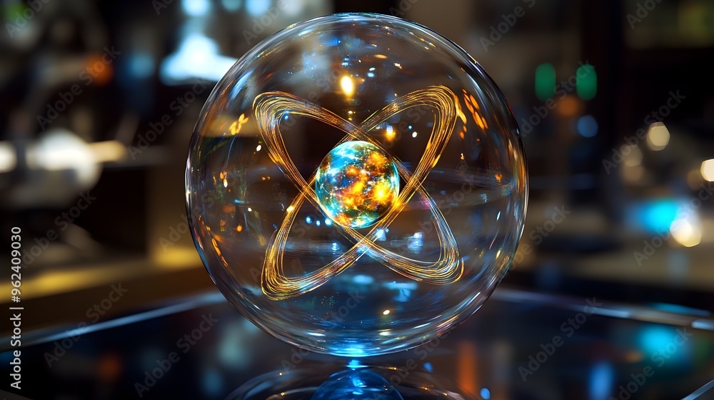 Poster holographic display showcasing a cross sectional view of an atom s nuclear structure and electron sh