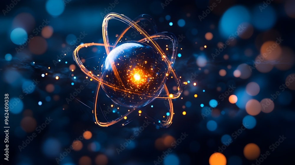 Poster holographic visualization of the quantum mechanical model of an atom depicting the probability distr