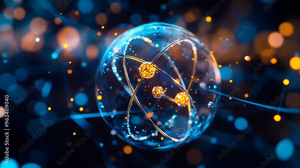 Poster holographic representation of the quantum mechanical model of an atom displaying the probabilities o