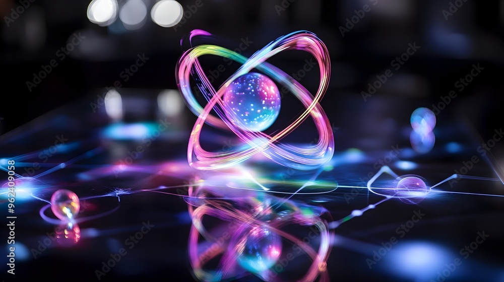 Poster a captivating holographic display showcasing the intricate dance of electrons within an atomic model