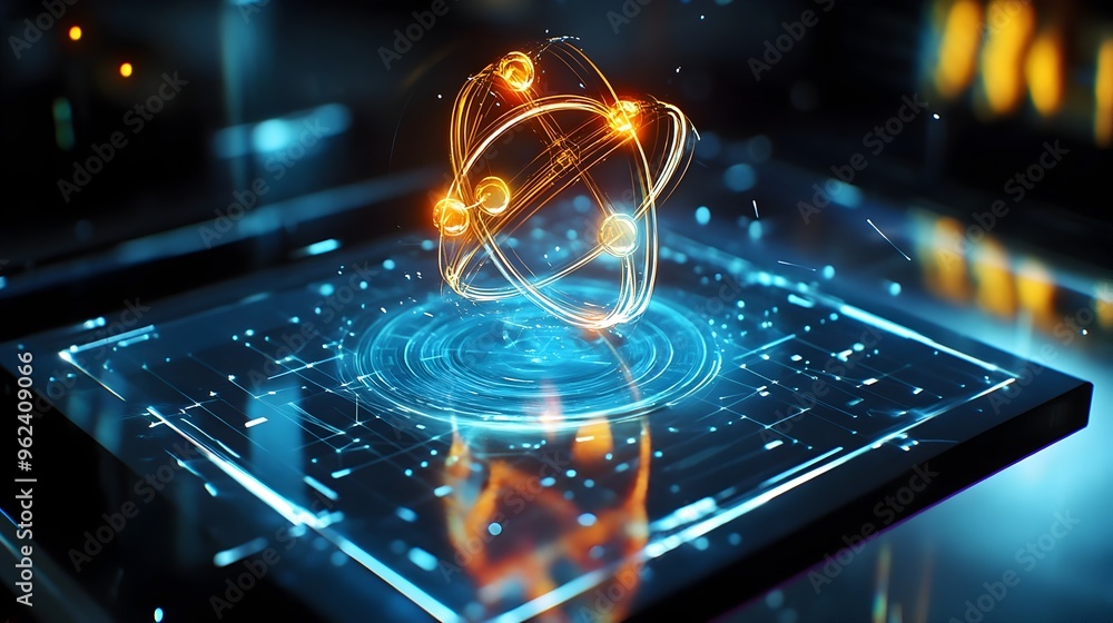 Poster a captivating holographic display showcasing the dynamic movements of electrons within an atomic mod