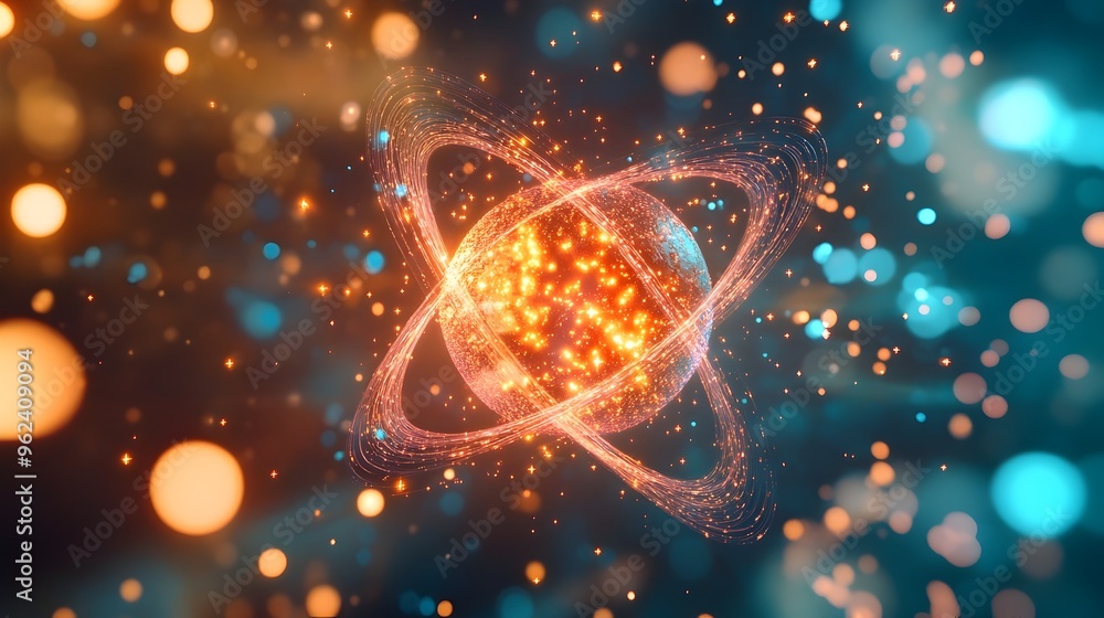 Poster a captivating digital hologram displaying a dynamic and interactive atomic model with real time chan