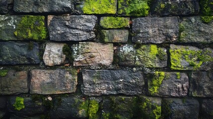 Naklejka premium Conceptual image of an ancient stone wall with weathered textured surfaces and overgrown moss conveying a sense of history decay