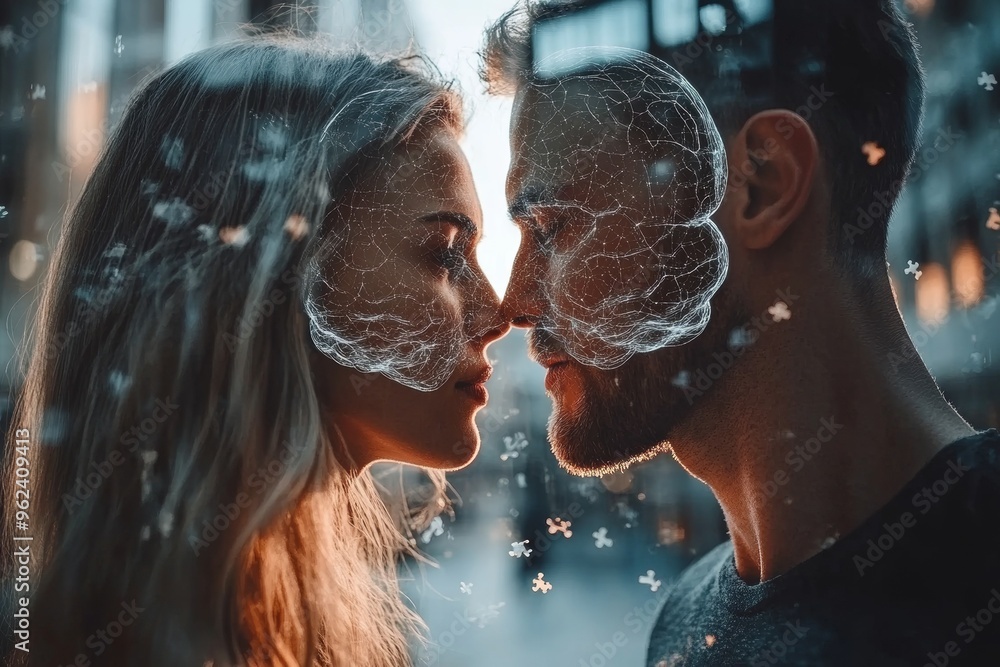 Poster neural node neural mind two individuals sharing a passionate neural lit kiss in a rain soaked urban 
