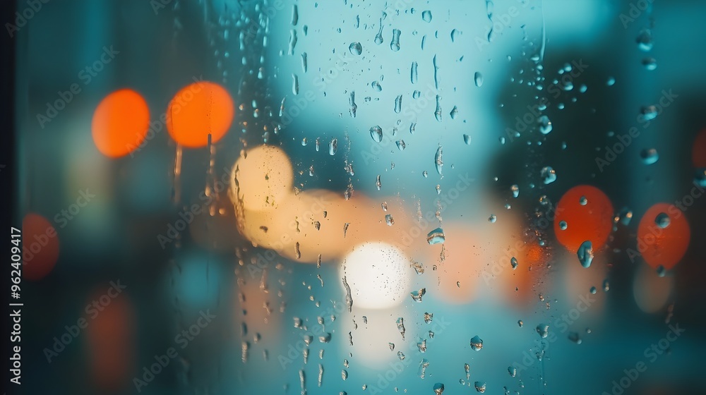 Poster conceptual image depicting raindrops gently sliding down a transparent windowpane creating a captiva