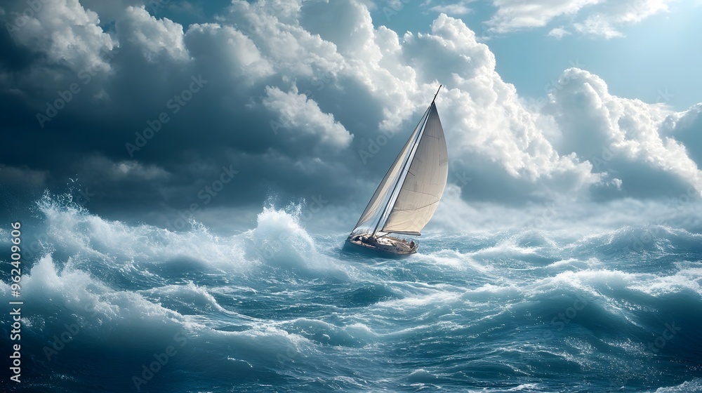 Poster conceptual depicting the powerful force of wind pushing against the sail of a sailboat traversing th