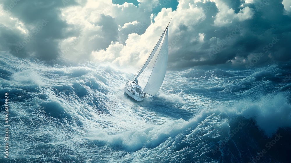 Poster conceptual depicting the powerful force of wind propelling a sailboat across the vast open sea repre