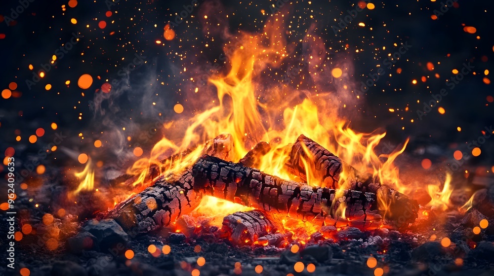 Poster conceptual image of a roaring bonfire with bright dancing flames and glowing embers creating an inte