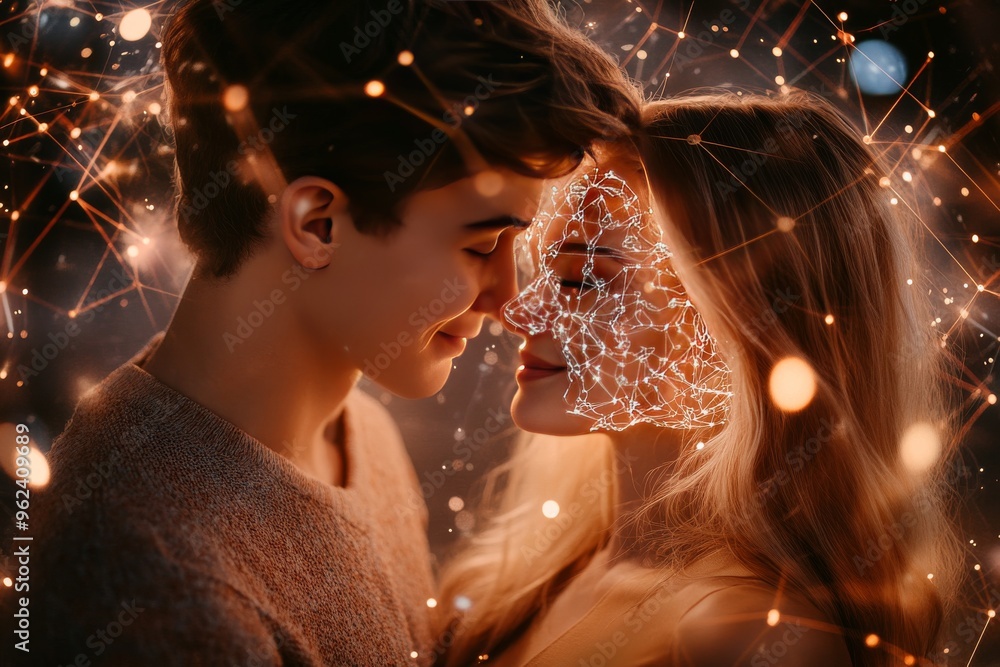 Poster cerebral network neural mind young couple faces each other with glowing neural patterns in a romanti