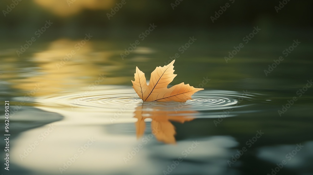 Poster conceptual image of a single leaf gently floating on the calm reflective surface of a pond creating 