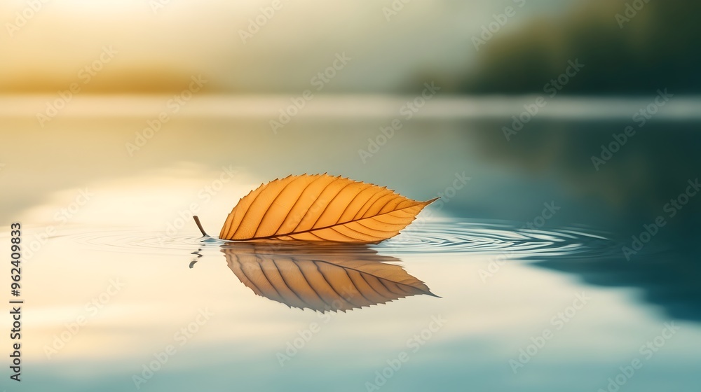Poster a single autumn leaf gently floating on the tranquil surface of a calm pond with its reflection crea