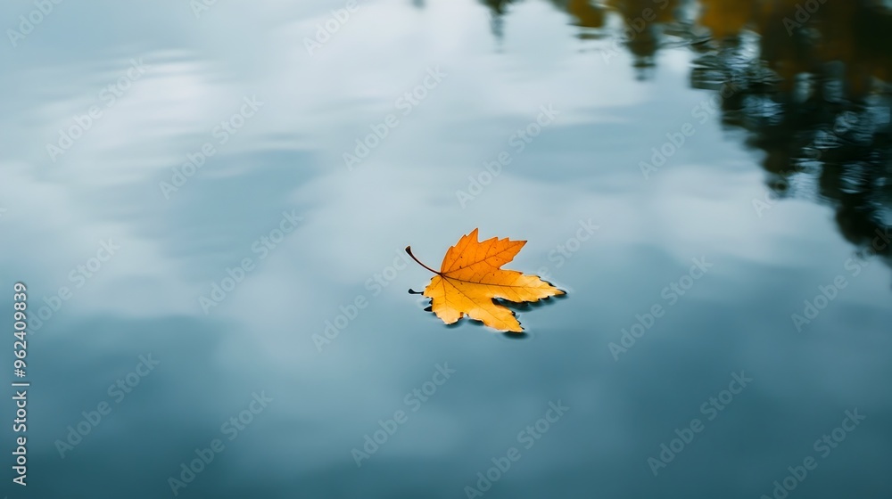 Aufkleber a conceptual and minimalist nature scene featuring a single leaf gently floating on a calm and refle