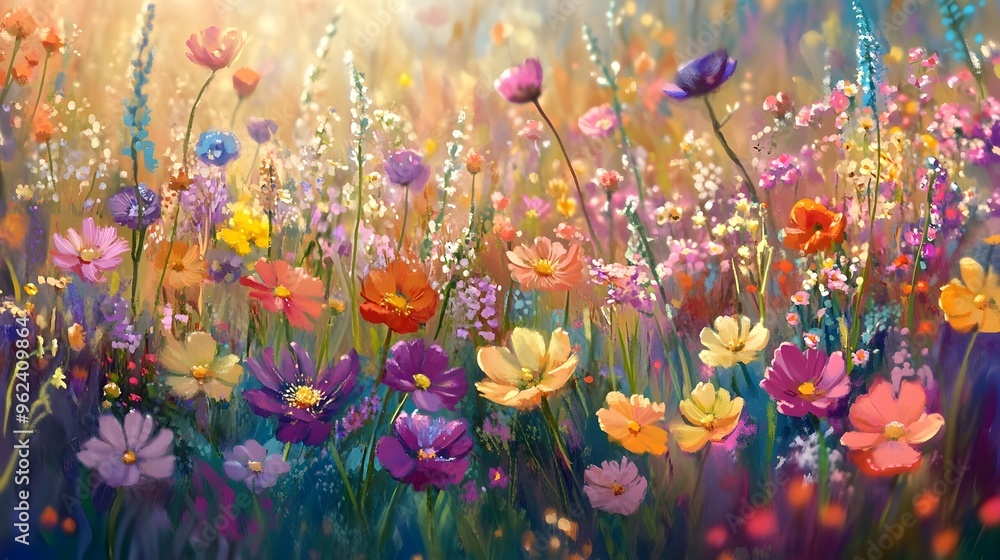 Poster mesmerizing scene of a vibrant field filled with a diverse array of colorful wildflowers in full blo