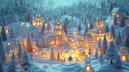 Obraz premium cozy snow-covered village illuminated by warm lights, creating a magical winter holiday scene.