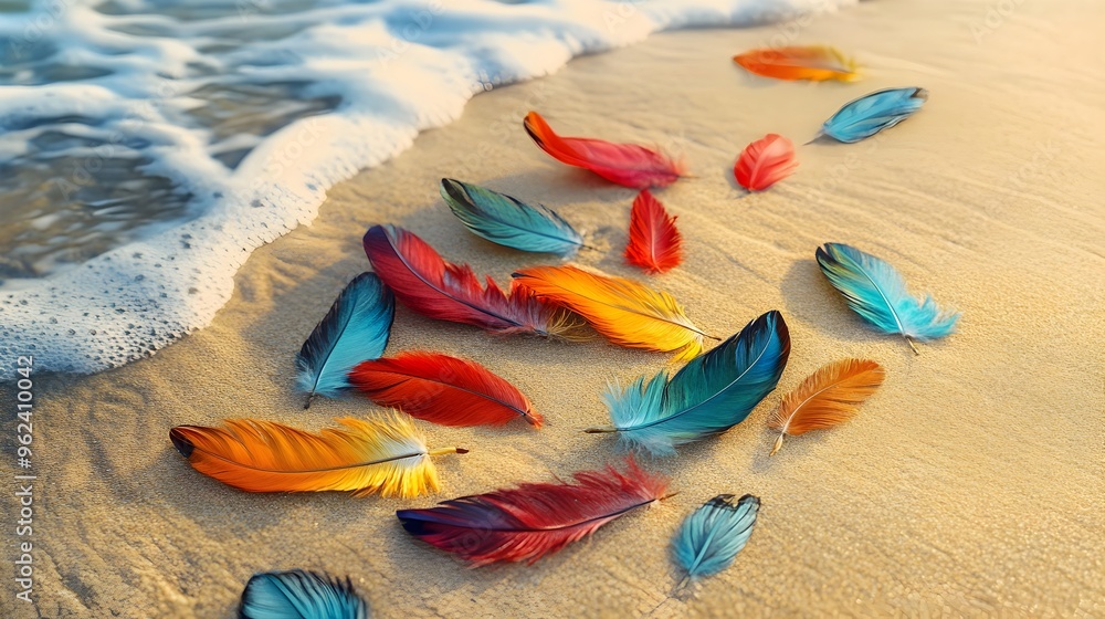 Poster conceptual image of colorful feathers scattered across a tranquil sandy beach gently swaying in a so