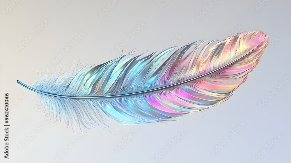 Poster Close up Macro Photography of a Single Iridescent Feather Showcasing the Intricate Patterns Textures and Shimmering Colors against a Simple Clean Background