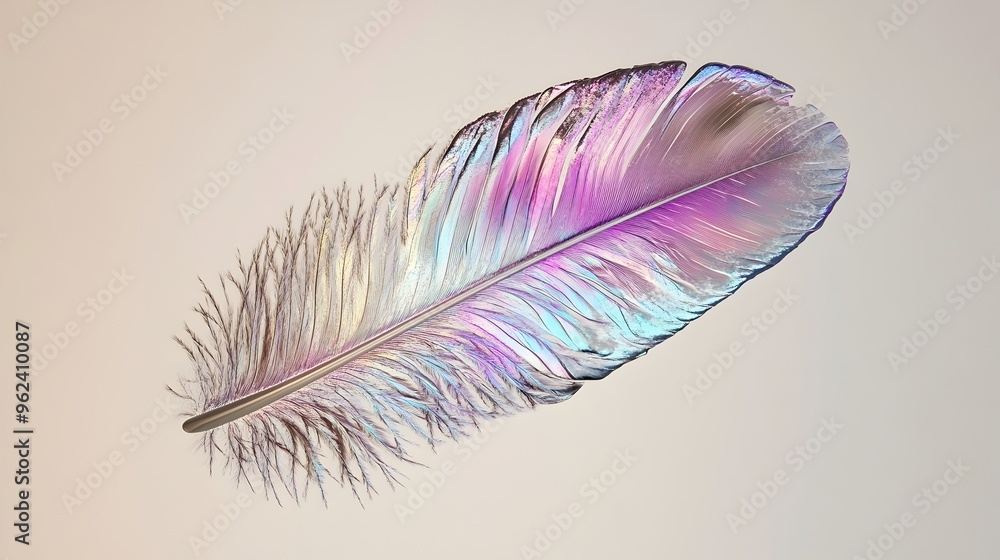 Poster Conceptual image featuring a single iridescent feather with intricate details and organic patterns against a plain background
