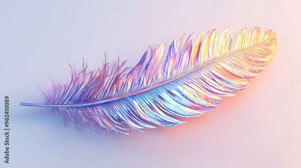 Poster A conceptual image showcasing a single iridescent feather with mesmerizing and intricate details against a plain minimalist background creating a visually striking and captivating composition